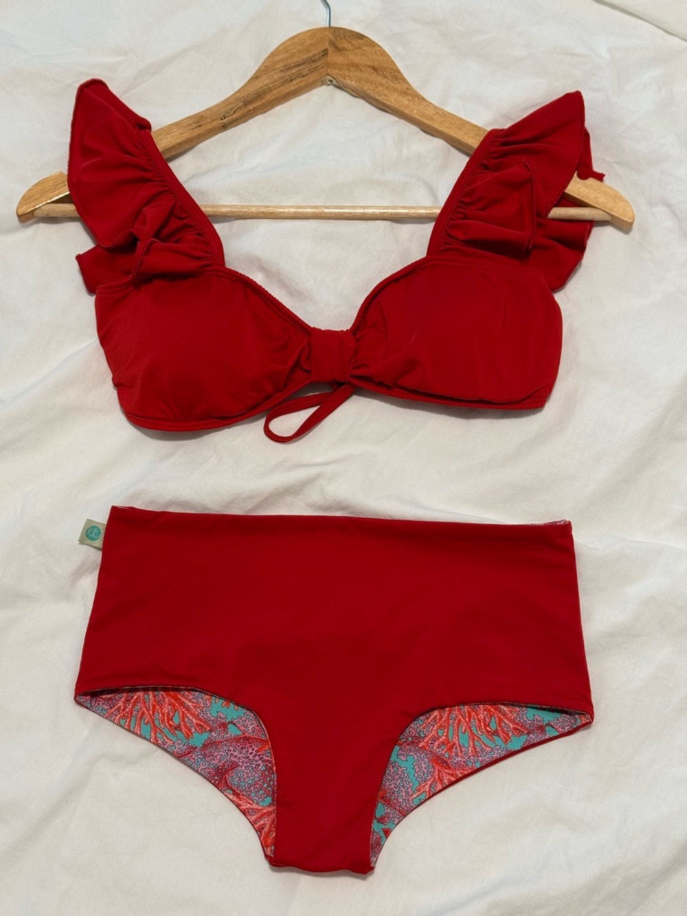 Red Ruffle Shoulder High-Waist Bikini Set